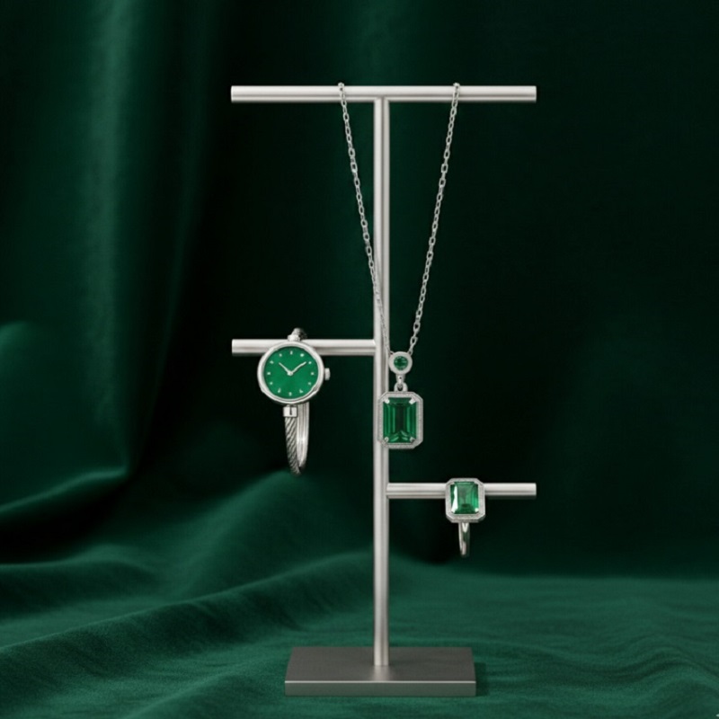 ست زنانه ساعت و گردنبند و انگشتر مدل زمرد-نقره ای